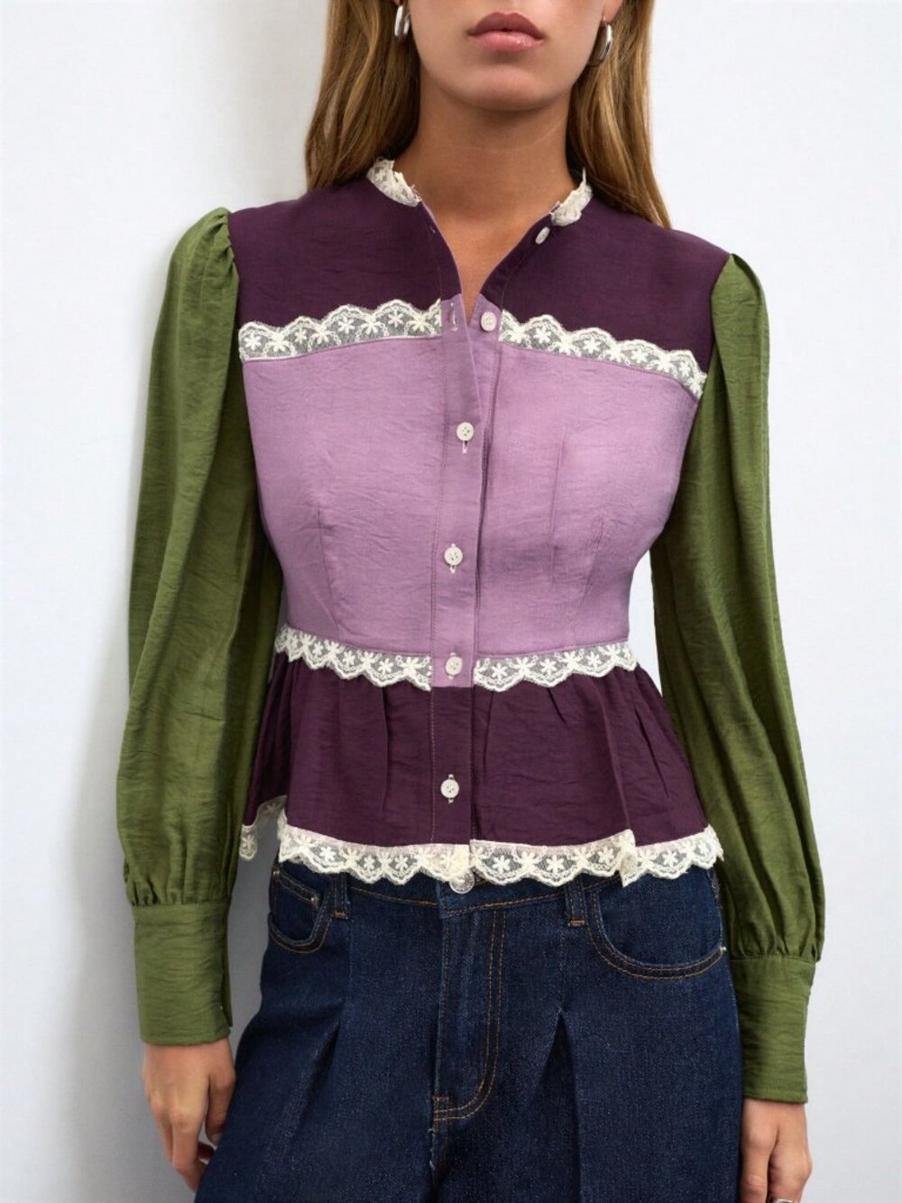 Purple Elegant Women's Colorblock Lace Trim Peplum Blouse - Picture 5 of 7